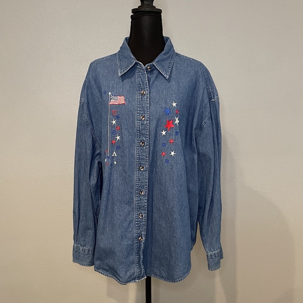 Vintage American Original Denim‎ Shirt XXL Patriotic USA Flag Embroidered